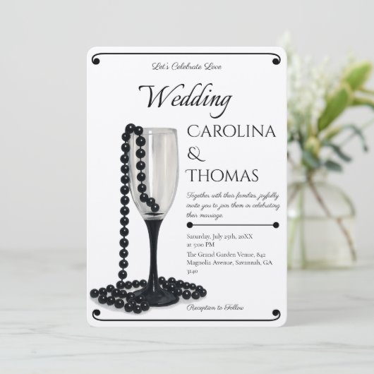 Black & White Pearl Champagne Glass Wedding 招待状 (スタンド正面)