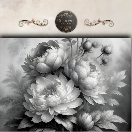 Black White Peony Floral Decoupage 薄葉紙