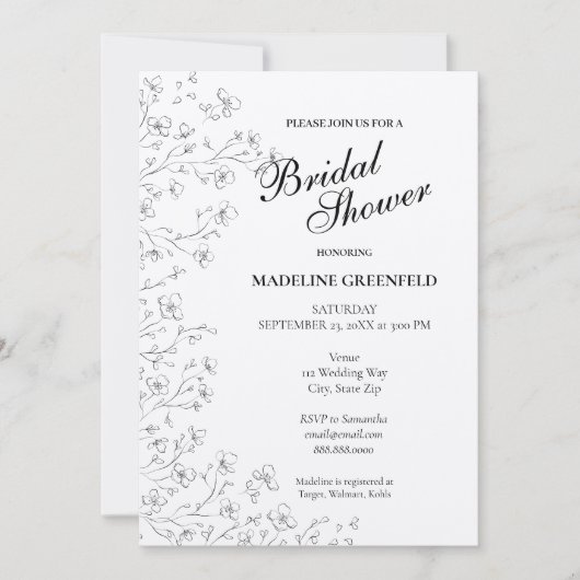 Black & White Peony Flowers Wedding Bridal Shower 招待状 (正面)