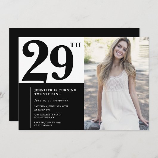 Black White Photo 29th Birthday Invitations 招待状 (正面/裏面)