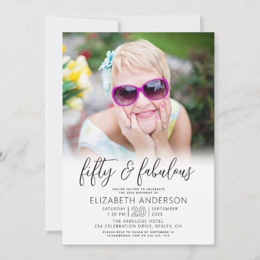 Black White Photo 50 Fabulous Birthday Script Bold 招待状 (正面)