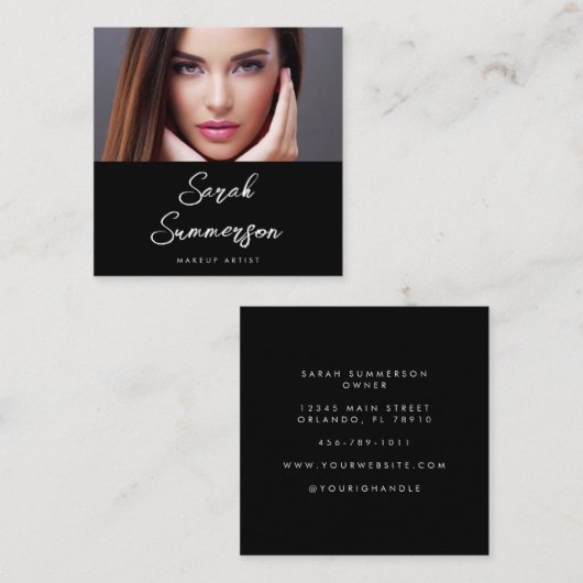 Black White Photo Elegant Makeup Artist スクエア名刺 (正面/裏面)
