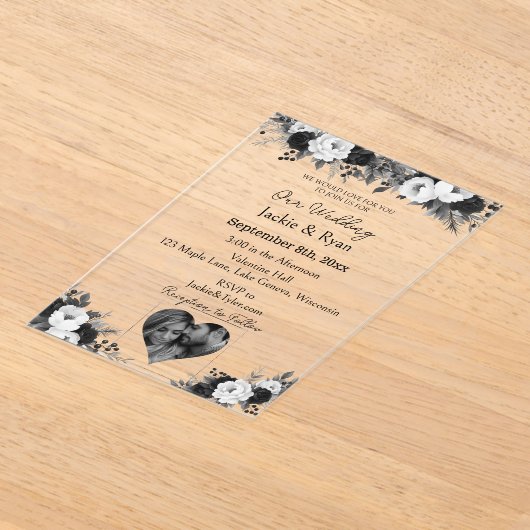 Black & White Photo Template Botanical Translucent アクリル招待状 (レイダウン)