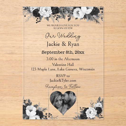 Black & White Photo Template Botanical Translucent アクリル招待状 (正面)