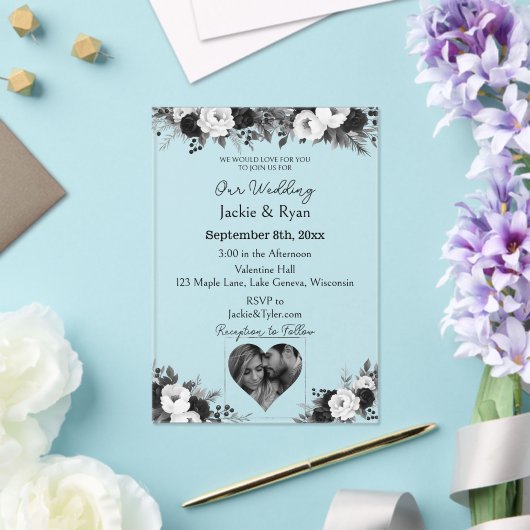 Black & White Photo Template Botanical Translucent アクリル招待状 (インサイチュ (ウェディング))