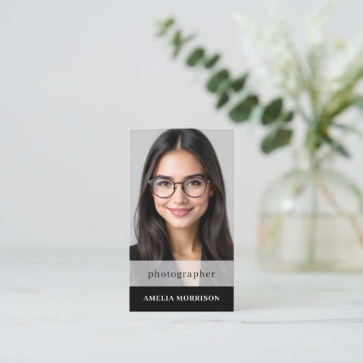 Black White Photographer QR Code Photo Modern 名刺 (スタンド正面)