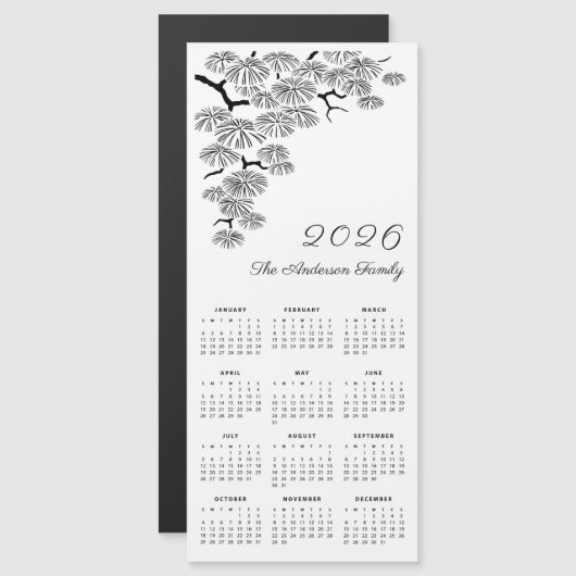 Black White Pine Branch Botanical Calendar 2026 (正面/裏面)