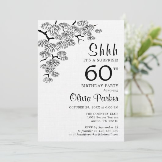 Black White Pine Branch Surprise 60th Birthday 招待状 (スタンド正面)