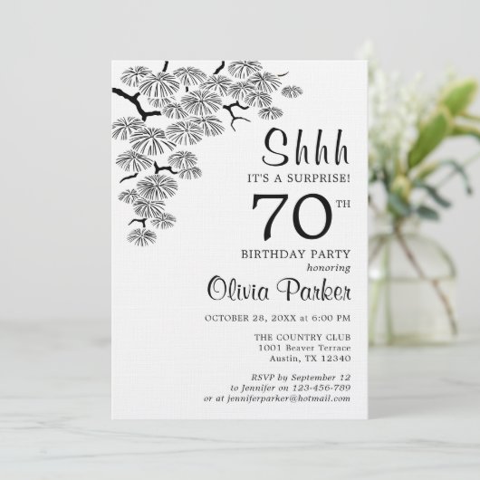 Black White Pine Branch Surprise 70th Birthday 招待状 (スタンド正面)