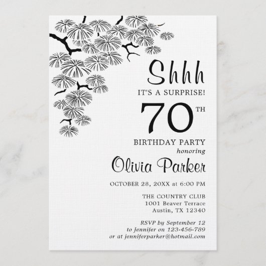 Black White Pine Branch Surprise 70th Birthday 招待状 (正面)