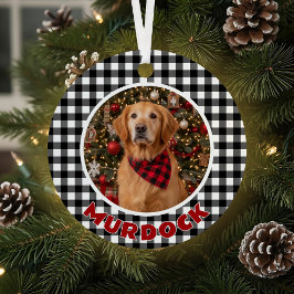 Black & White Plaid Christmas Personalized Pet メタルオーナメント