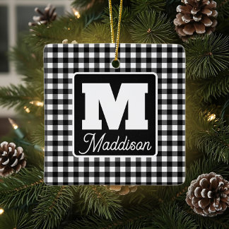 Black & White Plaid Monogram Name Christmas  セラミックオーナメント