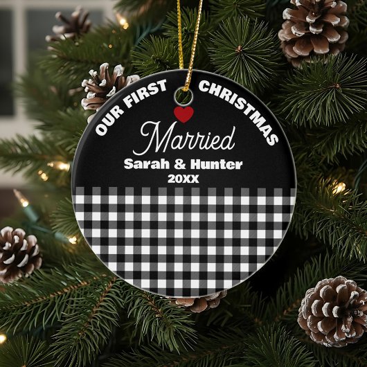 Black & White Plaid Our 1st Christmas Married セラミックオーナメント
