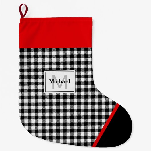 Black & White Plaid Toe Trim Monogram ラージクリスマスストッキング (正面)