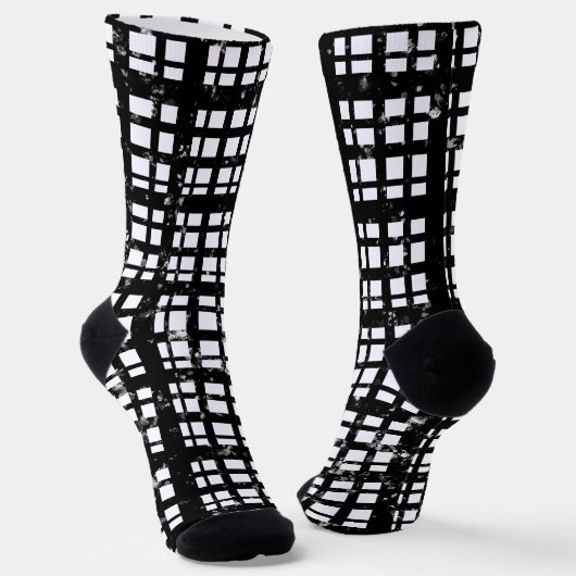 Black & White Plaid with Paint Splatter Crew Socks ソックス (傾斜あり)