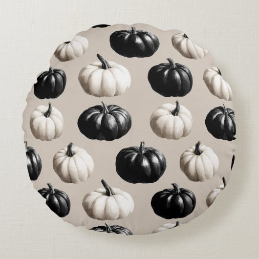 Black & White Pumpkin Fall Design ラウンドクッション (正面)