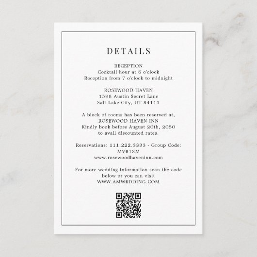 Black White Qr Code Minimal Wedding Details エンクロージャーカード (正面)