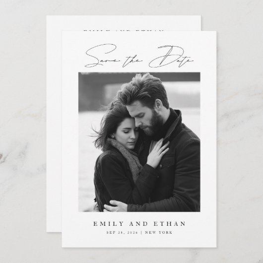 Black & White QR Code Wedding Photo Save The Date 招待状 (正面/裏面)