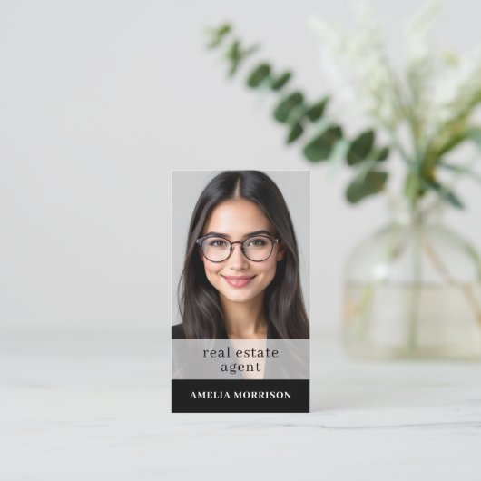 Black White Real Estate Agent QR Code Photo  名刺 (スタンド正面)