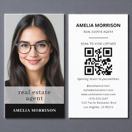 Black White Real Estate Agent QR Code Photo  名刺
