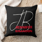 Black White Red Handwriting Monogram Add Name クッション (ブランケット)