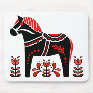 Black/white/red Nordic Folk Dala horse/Friesian マウスパッド