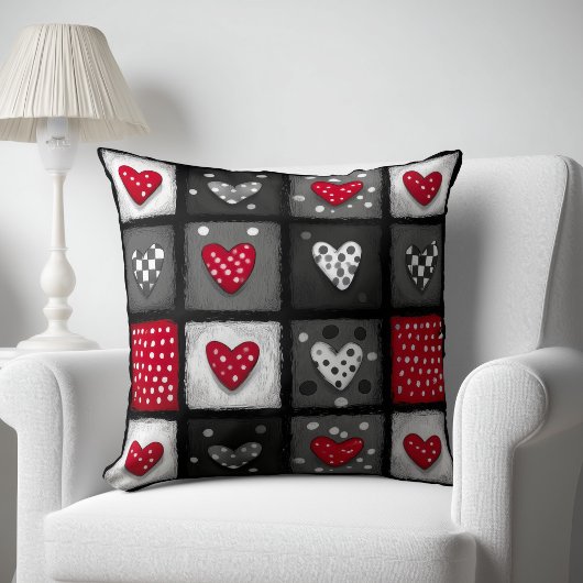 Black White Red Patchwork with Hearts クッション