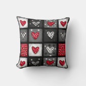 Black White Red Patchwork with Hearts クッション (正面)