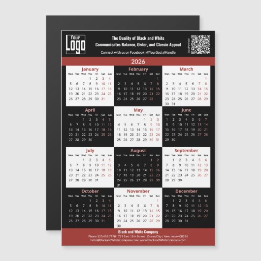 Black, White, Red Your Logo 2026 Calendar Magnet (正面/裏面)