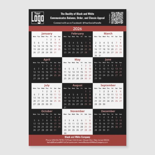 Black, White, Red Your Logo 2026 Calendar Magnet (正面)