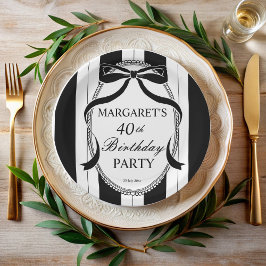 Black white retro stripes bow birthday monogrammed ペーパープレート