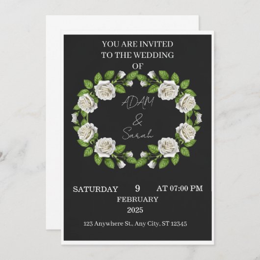 Black & White Rose Wreath Wedding Invitation (正面/裏面)