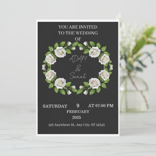 Black & White Rose Wreath Wedding Invitation (スタンド正面)