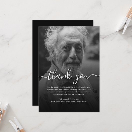 Black & White Script Funeral/Sympathy Thank You カード (正面/裏面インサイチュ)