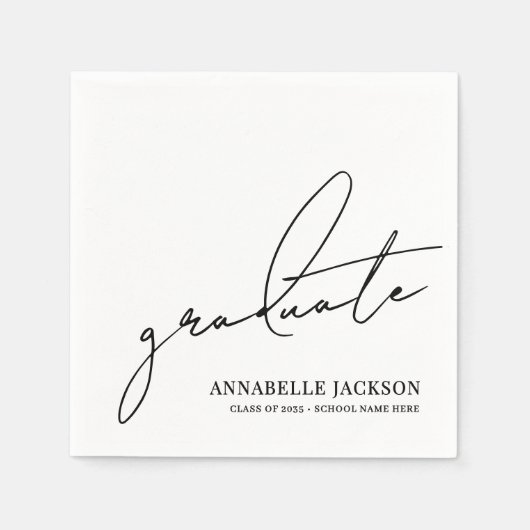 Black White Script Graduation スタンダードカクテルナプキン (正面)