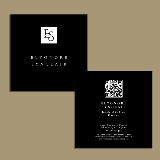Black White Script Lashes Studio ロゴQRコード スクエア名刺