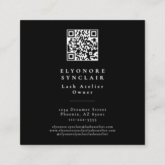Black White Script Lashes Studio Logo QR Code  スクエア名刺 (裏面)