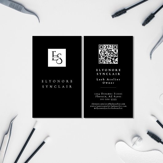Black White Script Lashes Studio Logo QR Code 名刺