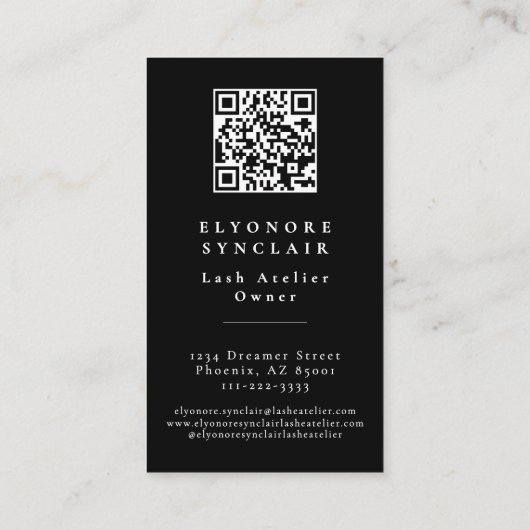 Black White Script Lashes Studio Logo QR Code 名刺 (裏面)