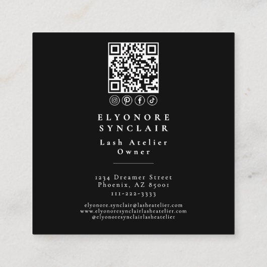 Black White Script Photo Logo QR Code Social Lash スクエア名刺 (裏面)
