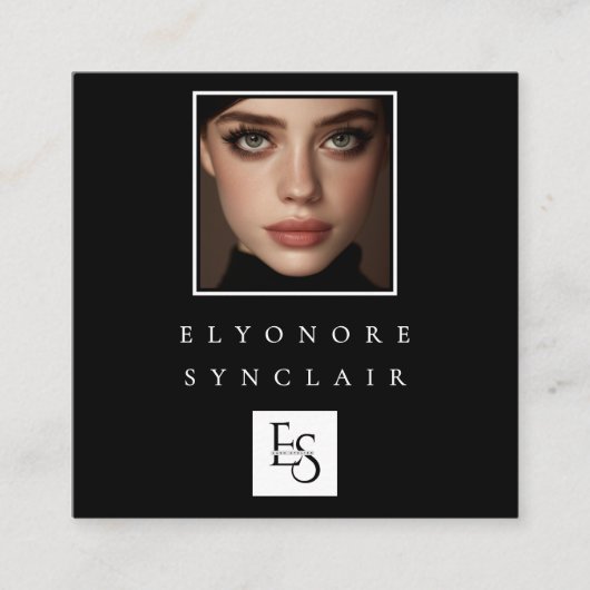 Black White Script Photo Logo QR Code Social Lash スクエア名刺 (正面)