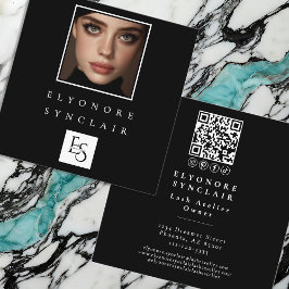 Black White Script Photo Logo QR Code Social Lash スクエア名刺