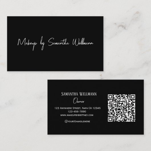 Black White Script QR Code Makeup Business Card 名刺 (正面/裏面)