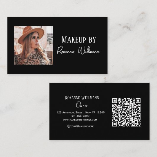 Black White Script QR Code Photo Business Card 名刺 (正面/裏面)