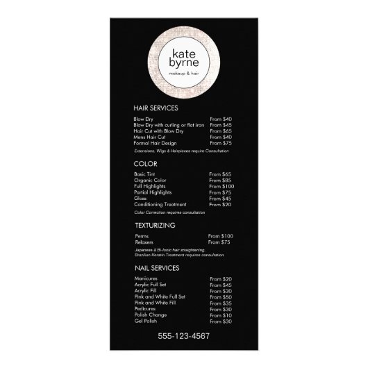 Black White Sequin Beauty Price List Service Menu ラックカード (正面)