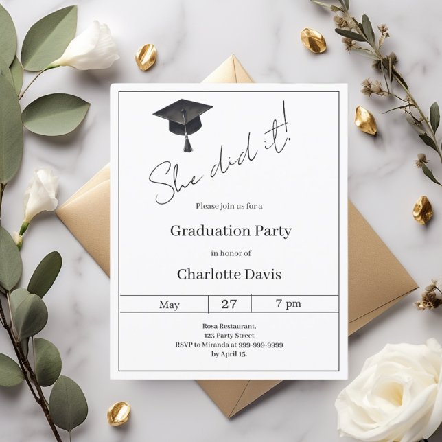 Black white She did it Graduation Party invitation (クリエイターアップロード済み)