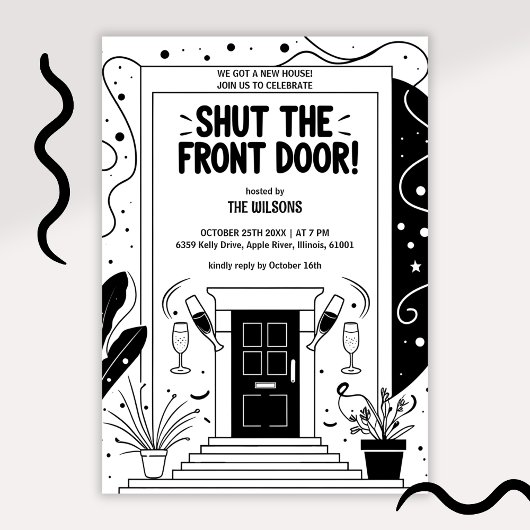 Black & White Shut the Front Door Housewarming 招待状