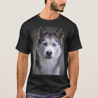 Black white Siberian Husky dog face Tシャツ