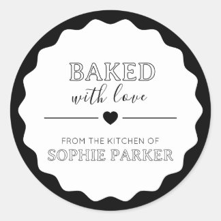 Black White Simple Baked With Love Scallop Sticker ラウンドシール