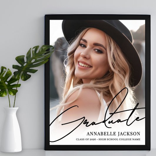 Black White Simple Photo Graduation Party Sign ポスター